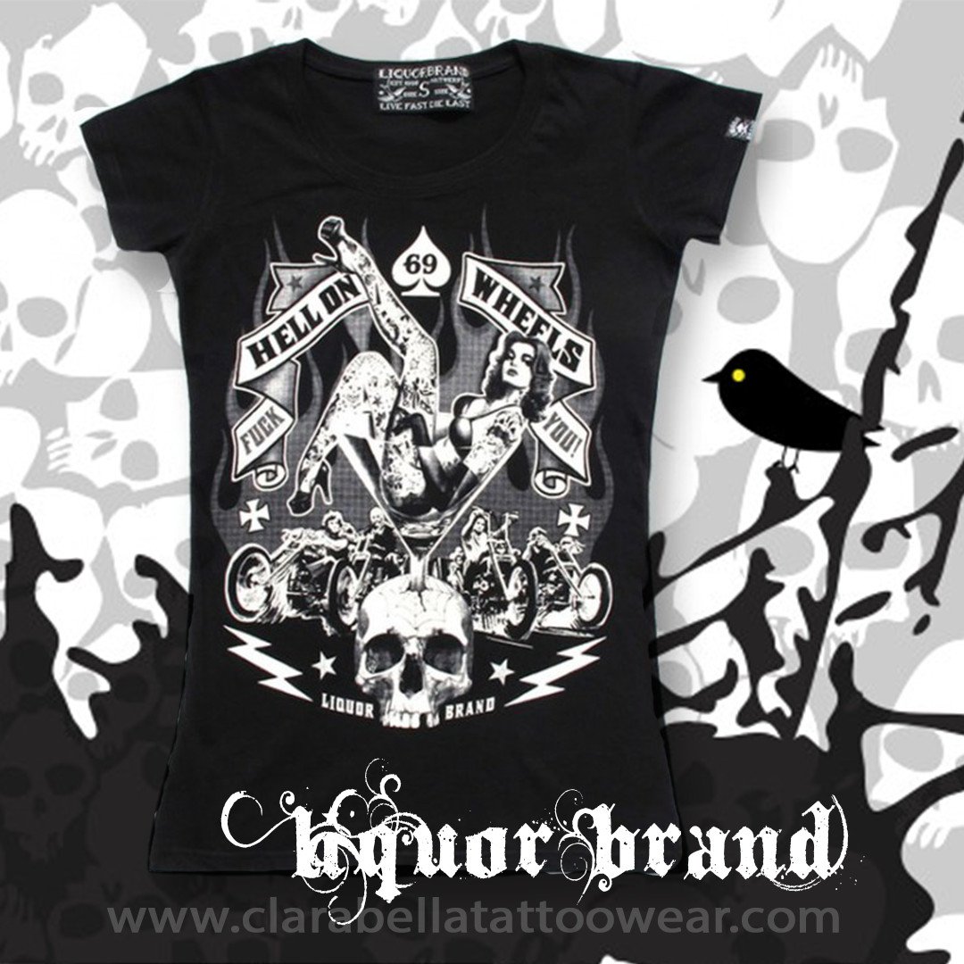 ClarabellaWear's tweet photo. #Rockabilly classic #Liquorbrand women's tshirt #clarabellatattoowear #clarabellawear #womensfashion #tshirt #shirt #top #offthehook #alternative #skull #black #hellonwheels https://t.co/OYOnR5zX9d