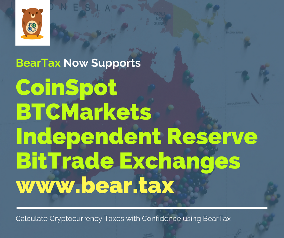 HelloFynHQ's tweet photo. Bitcoin tax software BearTax now supports @coinspot @BTCMarkets @indepreserve @btradeio along with other major exchanges like @coinbase @binance @BittrexExchange and many more. This makes it the best #cryptocurrency tax software supporting Australian tax period! https://t.co/ljL3WlLsdV