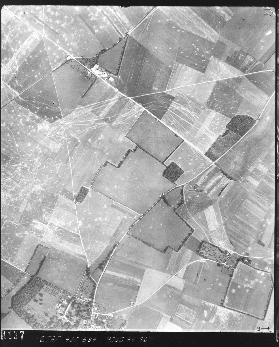 The straight road starting at the top left corner and extending to the centre of the photo is the Roman road. The tracks show that as the battlegroup moved south, roughly parallel to the Caen-Falaise highway (just off the photo to the left) it moved west.