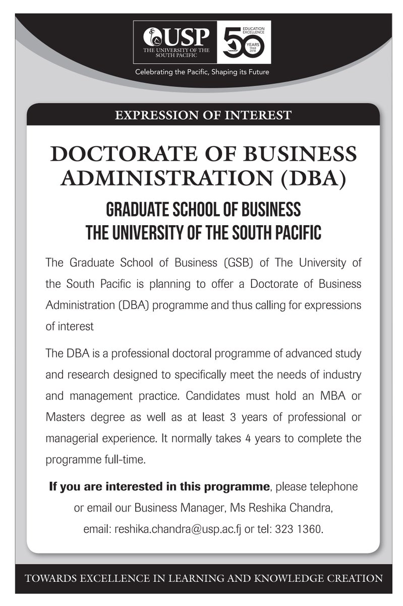 USPTongaCampus's tweet photo. Introducing our new Doctorate of Business Administration (DBA) #FacultyOfBusinessandEconomics #GraduateSchoolOfBusiness
 #USPTongaCampus
 #50thAnnniversary https://t.co/KxTx2AKopf