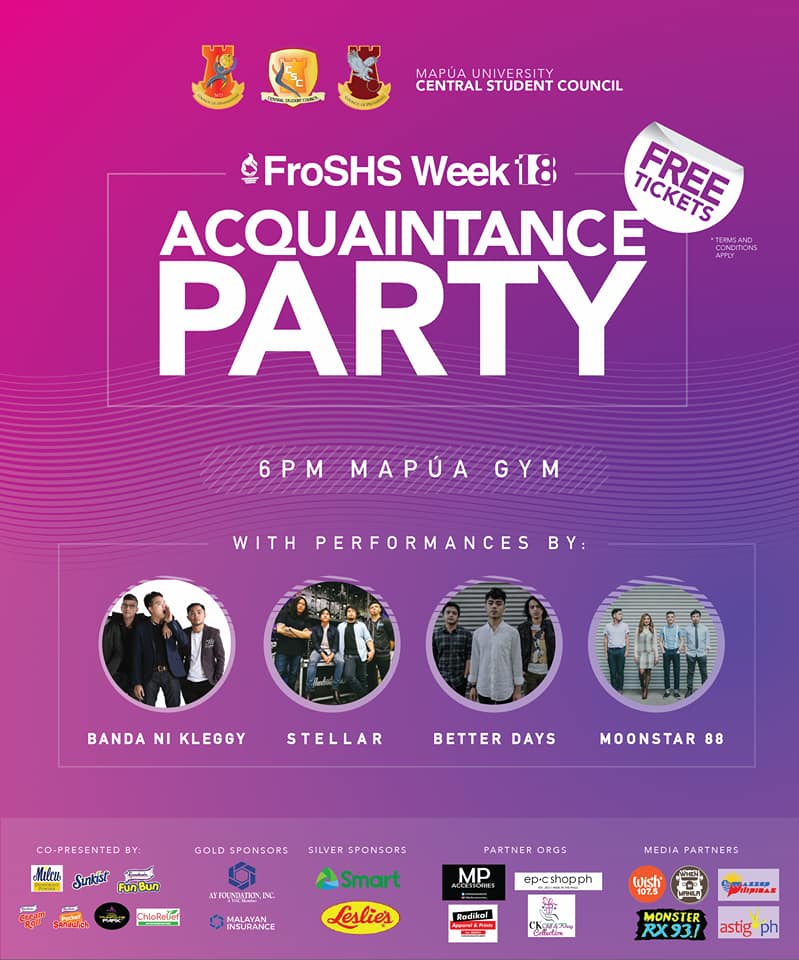 MapuaUniv's tweet photo. The #MapuaFroSHSWeek2018 acquaintance party will be happening later today, 6 pm, at the University Gymnasium. Follow the guidelines below to participate.
Graphics by @MapuaCSC https://t.co/BGRWMYUWfe