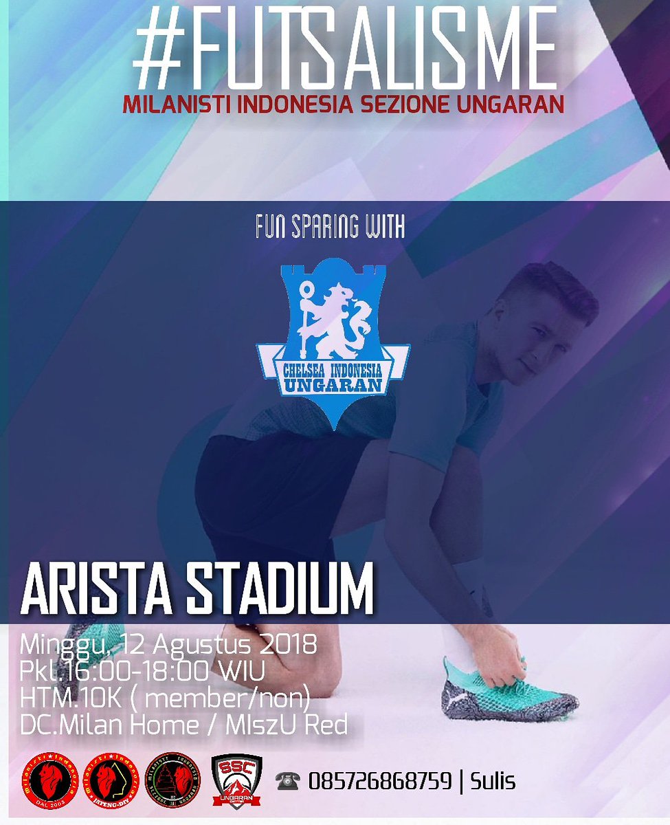 FUN SPARING FUTSAL
with <a href="/chelsea/">chels</a> ungaran fans.
.
📆Minggu 12 Agustus 2018
🕔Pkl.16:00 - 18:00 WIU
📍ARISTA Stadium,Babadan Ungaran Barat.
☎️ CP.0857.2686.8759 Sulis
👕 Milan Home / #misungaran🔴⚫ #ungaranfutsal <a href="/MI_Calcio/">MI Football</a> <a href="/infomilan1899/">follow aja @infomilanid ya</a>