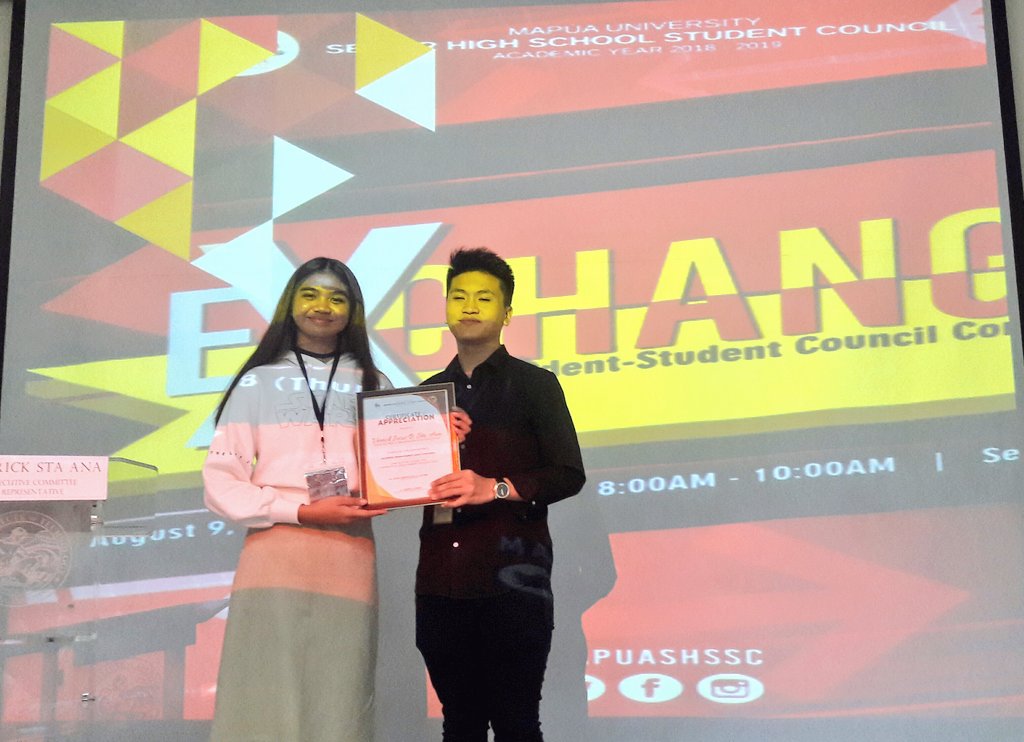 MapuaSHSSC's tweet photo. 📌 exCHANGE: A Student-Student Council Conversation

Thank you, Mr. Verrick Sta. Ana for giving appreciation to the voices and thoughts of the SHS Student Body.

Cheers to another successful year! 

#ClubRecWeek2018
#MapúaSHS1819
#FirstDayHigh2018 https://t.co/8yruiuIL6X