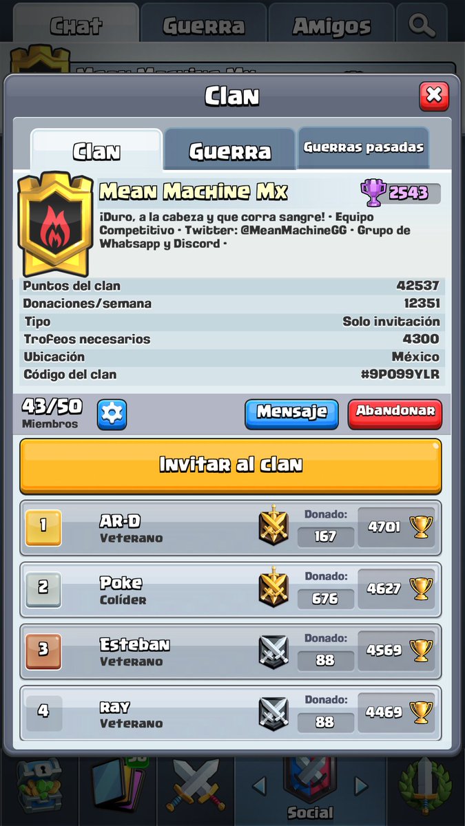 Buscamos nuevos jugadores para nuestro equipo competitivo y para el clan de ladder; los requisitos son:

E.Competitivo:
• 12 victorias en desafío
• 7000 cartas en desafío
• 4300 copas
• Disponibilidad horaria
Clan ladder:
• 4300 copas
• 30 victorias en guerra.

#BuscoClan