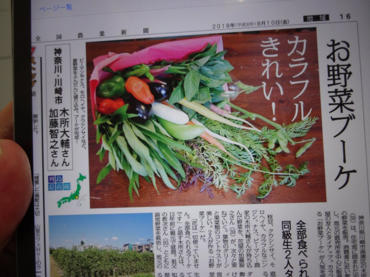 全国農業新聞 イチオシ お野菜ブーケ をどうぞ 神奈川県川崎市高津区の木所農園の木所大輔さん 39 は 花屋の友人とタイアップ カラフルな野菜を束ねて作る お野菜ブーケ が人気を呼んでいる 8月10日付 列島最前線 より 写真は 全国