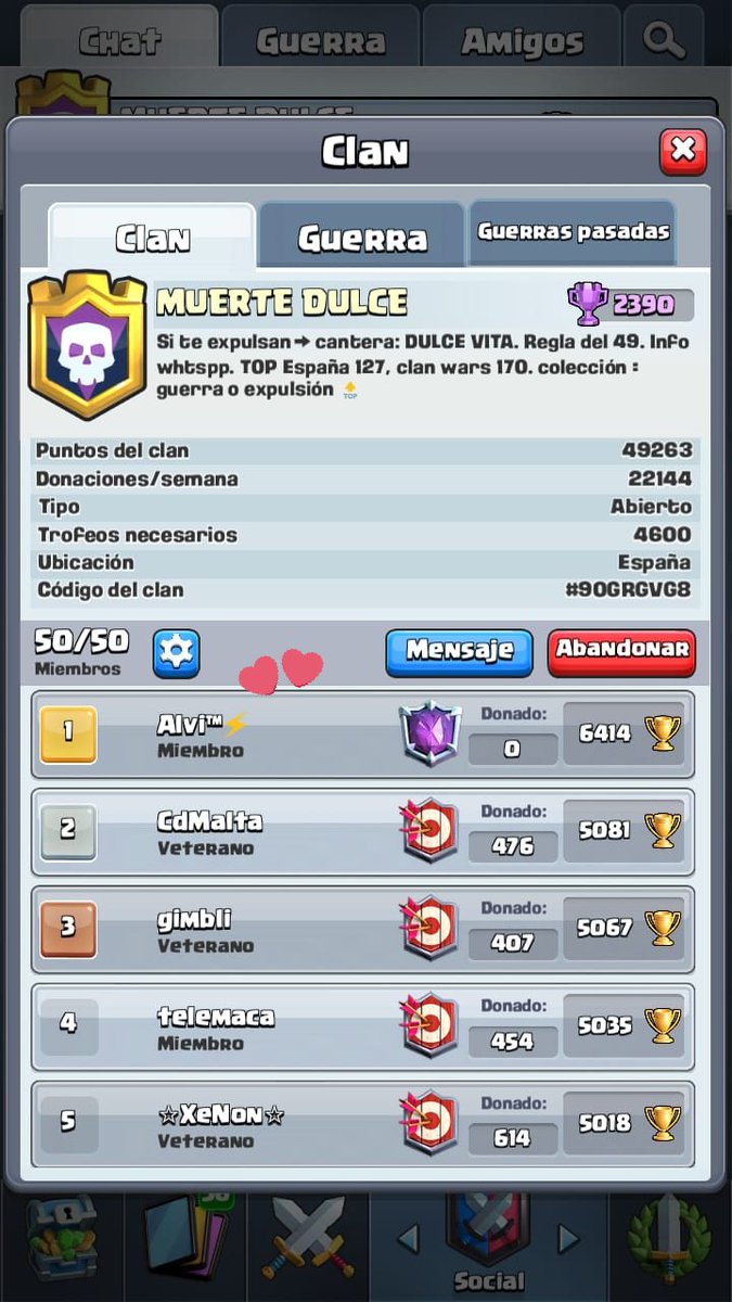 Cuando un TOP mundial te hace una visita al clan!!
😍😍😍😍 Muchas gracias.
Pd: Buscamos gente para ladder  +4600copas y 12 en desafio