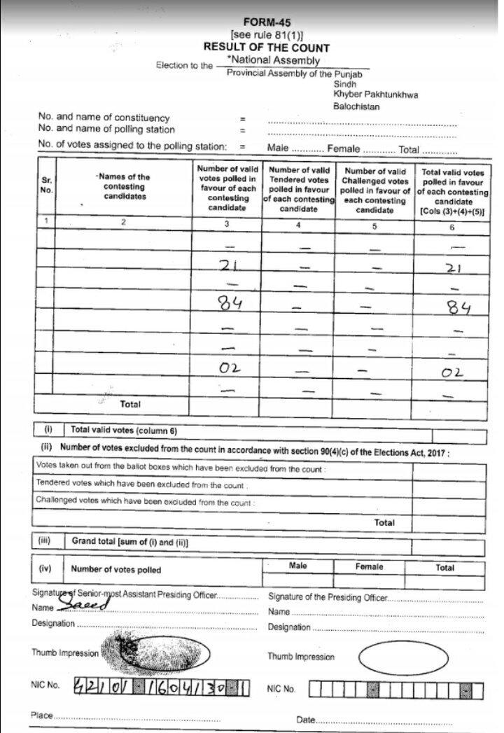 BehramKhanSoho's tweet image. Different Form 45 from #Karachi (available online on ECP website), on the basis of which results were compiled &amp;amp; seats gifted to #PTI. 
⚬ No name of candidate 
⚬ No constituency mentioned
⚬ Duly signed by Presiding Officers alongwith thumb impressions, CNIC. #EngineeredRigging
