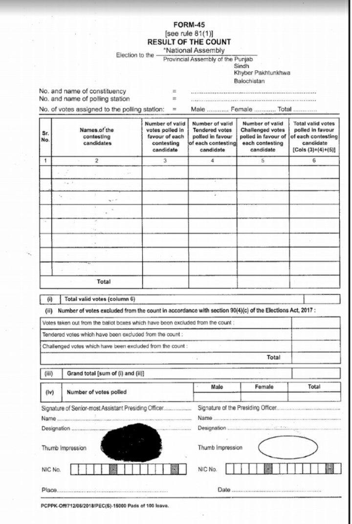 BehramKhanSoho's tweet image. Different Form 45 from #Karachi (available online on ECP website), on the basis of which results were compiled &amp;amp; seats gifted to #PTI. 
⚬ No name of candidate 
⚬ No constituency mentioned
⚬ Duly signed by Presiding Officers alongwith thumb impressions, CNIC. #EngineeredRigging
