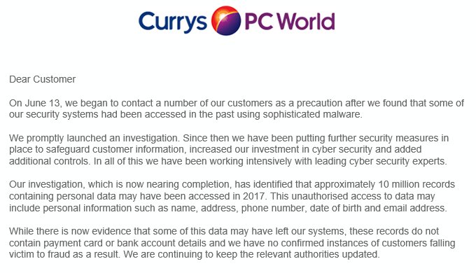 Are you a customer of Currys / PC World?
Are you one of the 10 million who have you recieved one of these emails following their personal data breach in 2017?
They suggest calling action fraud on 0300 123 2040 if you feel you are a victim of fraud.  #currys #pcworld