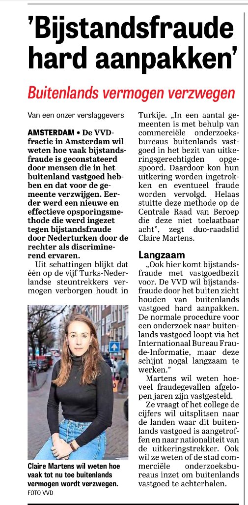 ClaireMartens3's tweet photo. Bijstandsfraude is een strafbaar feit en een middelvinger naar ons sociale vangnet.Namens de VVD het College gevraagd te laten weten hoeveel fraude gevallen er bekend zijn en welke maatregelen ze (gaan) treffen. #amsterdam #vvd #telegraaf https://t.co/uDT5IuJnKD