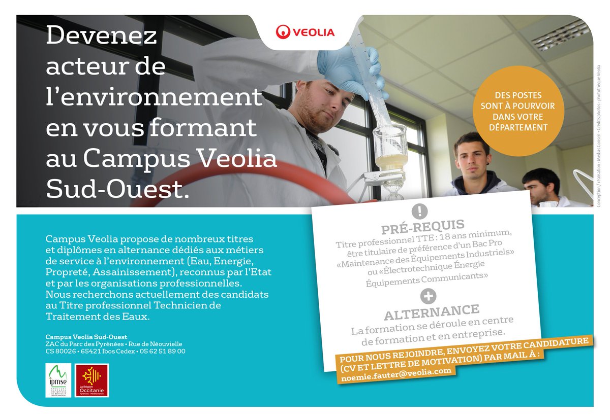 OFFRES D'EMPLOI <a href="/Veolia_FR/">Veolia | France</a>  Titre TTE #Technicien #Traitement des #Eaux  Basés à <a href="/VilledeBergerac/">Ville de Bergerac</a> <a href="/montpellier_/">Ville de Montpellier</a>  <a href="/villedauch/">Ville d'Auch</a>  <a href="/MairieTarbes/">Mairie de Tarbes</a> @cauterets65110 @TMEmploitlse <a href="/BxMetro/">Bordeaux Métropole</a> <a href="/Allierdpt/">Allier Département</a> <a href="/NvelleAquitaine/">Nouvelle-Aquitaine</a> <a href="/Occitanie/">Région Occitanie</a> ☎️05.62.51.89.13