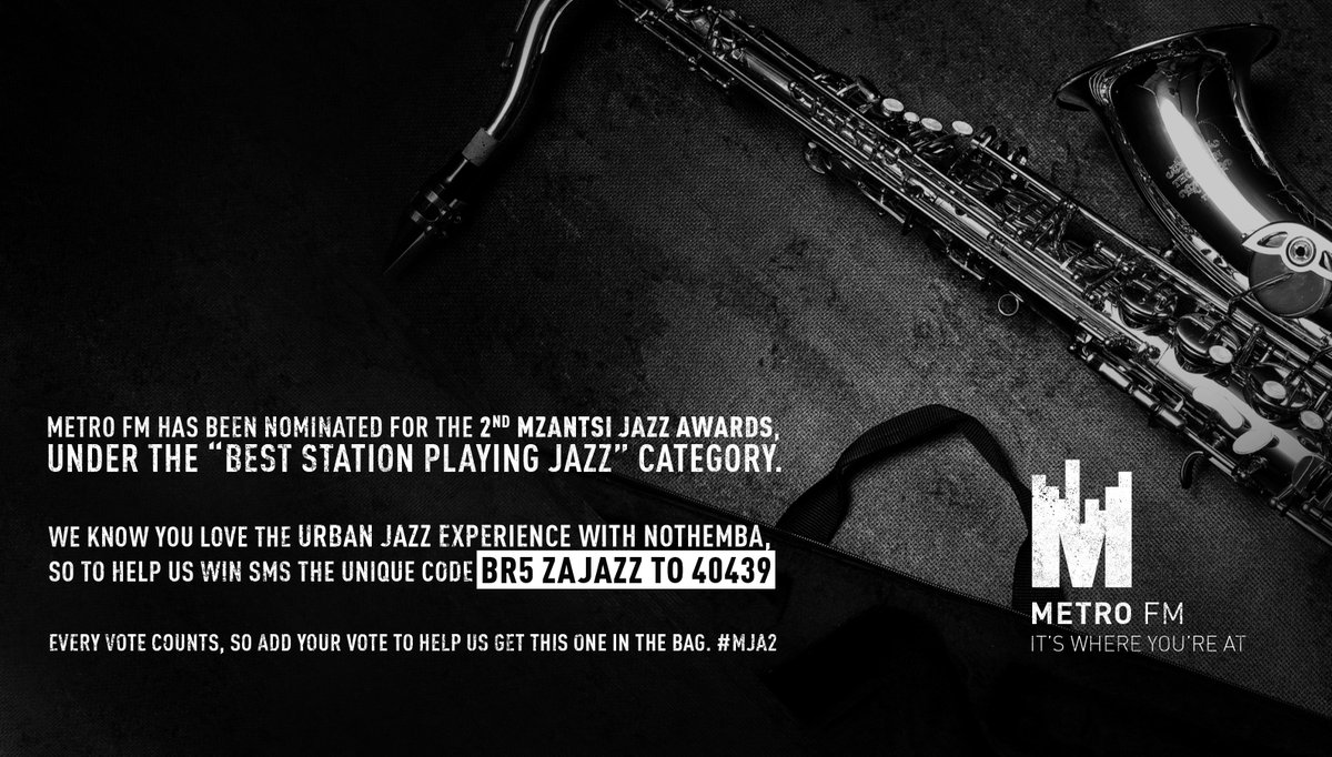 METROFMSA's tweet photo. @nothembaujx METRO FM has been nominated for the 2nd Mzantsi Jazz Awards, under the “Best Station Playing Jazz” category.
We know you love the Urban Jazz Experience with @nothembaujx ,so help us win by SMSing the unique code BR5 ZaJazz to 40439 #MJA2 @ZaJazzAwards https://t.co/LdecnzfWV9