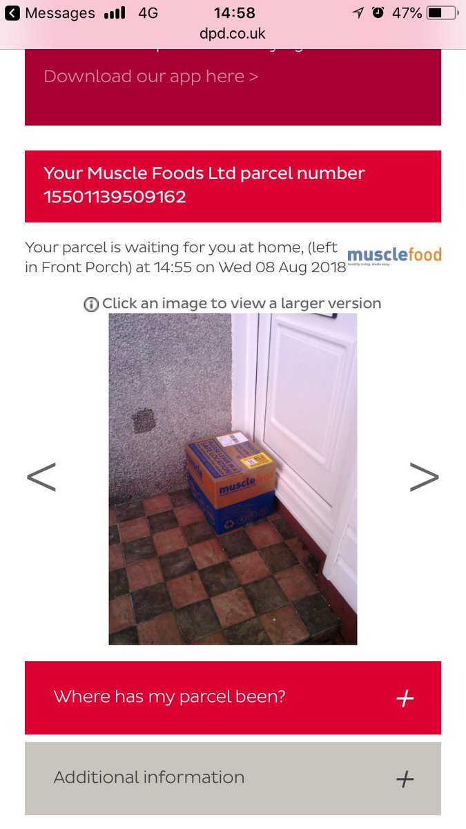 NeilH1987's tweet photo. @MuscleFoodUK “left in a secure place” on a front door. Order has been paid and no parcel when I returned home. @DPD_UK think a front step next to a school is safe enough?? Where do I stand with this? https://t.co/oAD9wz3gm8