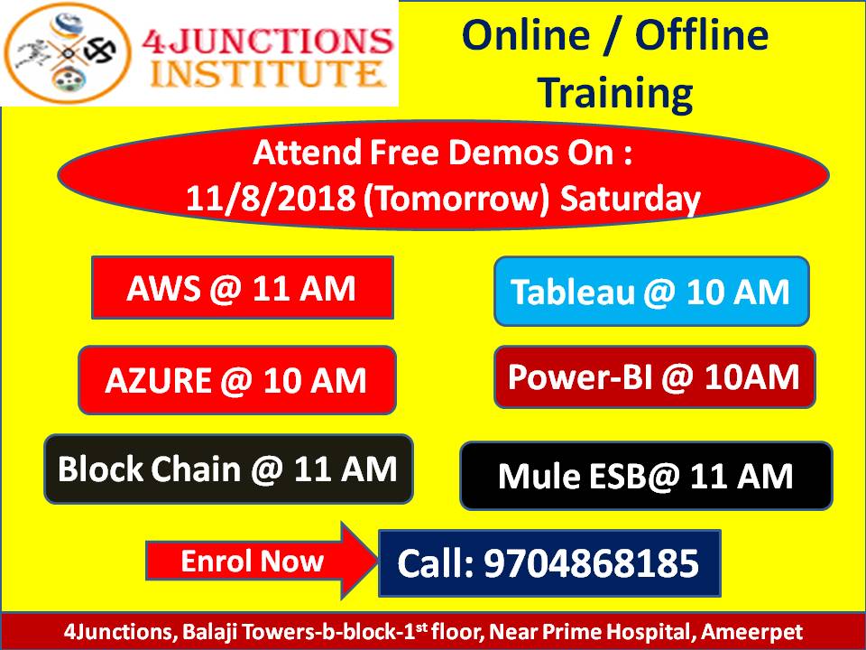 4junctions's tweet photo. Online / Offline Training -4Junctions.

Attend #Free Demos on: (11/8/2018) Tomorrow @10 AM (Saturday)

Contact for #more Details:9704868185 https://t.co/sXtmeDPF9t