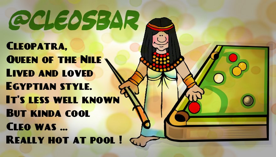 Cleo's Bar Pool Team on Twitter: "Shakespeare's "Antony and Cleopatra" Act 2, Scene 5 .... Cleopatra says : "Let's to billiards" So what more evidence do you need !"