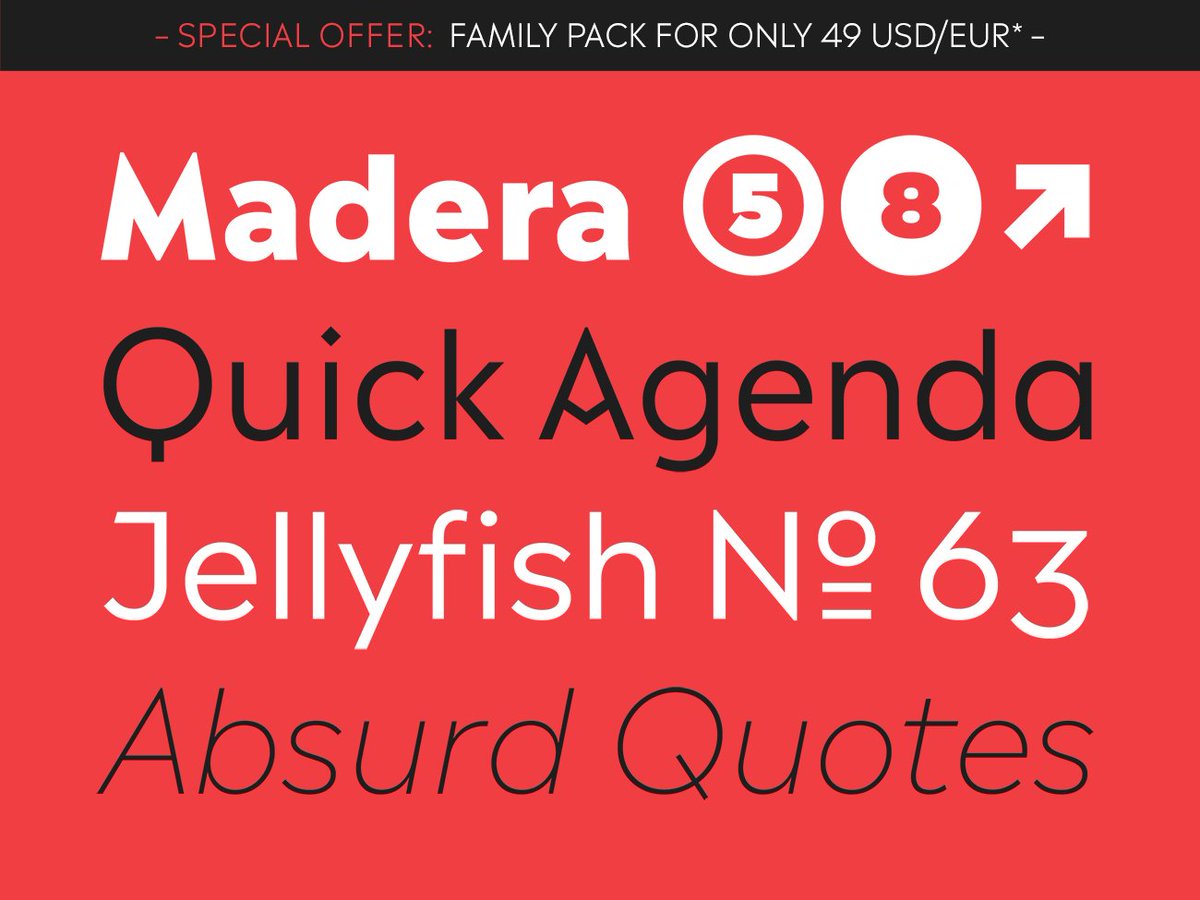 The new Madera by Malou Verlomme is a universally applicable sans serif design. Take advantage of our current special offer and purchase the complete family for only 49 USD/EUR* ▸ bit.ly/2vVHfUB
