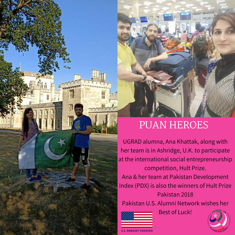PakUSAlumni's tweet photo. #MakingPUANProud
@UGRADPakistan alumna, Ana Khattak along with her team is in Ashridge,U.K. to participate at the intel. social entrepreneurship competition,@hultprize. Ana &amp; her team at Pakistan Development Index also won @HultPrizePak 2018.
@PakUSAlumni wishes Ana best of luck! https://t.co/VSiqT24Ps0
