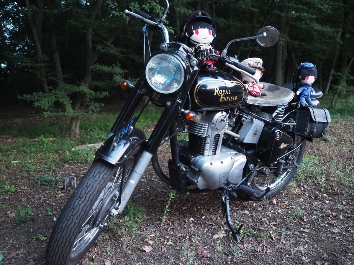 sin_kou_hyou's tweet image. 「と、いうわけで。これがますたぁの買ったオオトバイ。
ロイヤルエンフィールドでございます！」
「Britz350のエンジンをエストレヤ250のエンジンに載せ換えて構造変更してあるこですよ！　ラクラクですよ！」
「ぬいれいな、おなかへったでぇしゅ！」

#ぬいハチ
#ぬいれいな
#ハチロクとツーリング