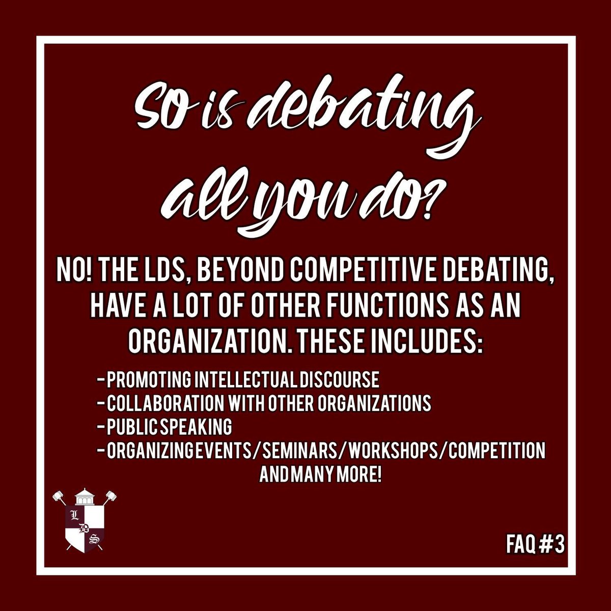 LyceumDebate's tweet photo. Still on the edge on whether we're the right organization for you?
Here are some FAQs! #JoinLDS #LiveBreatheBleed https://t.co/QycNcVzRoo