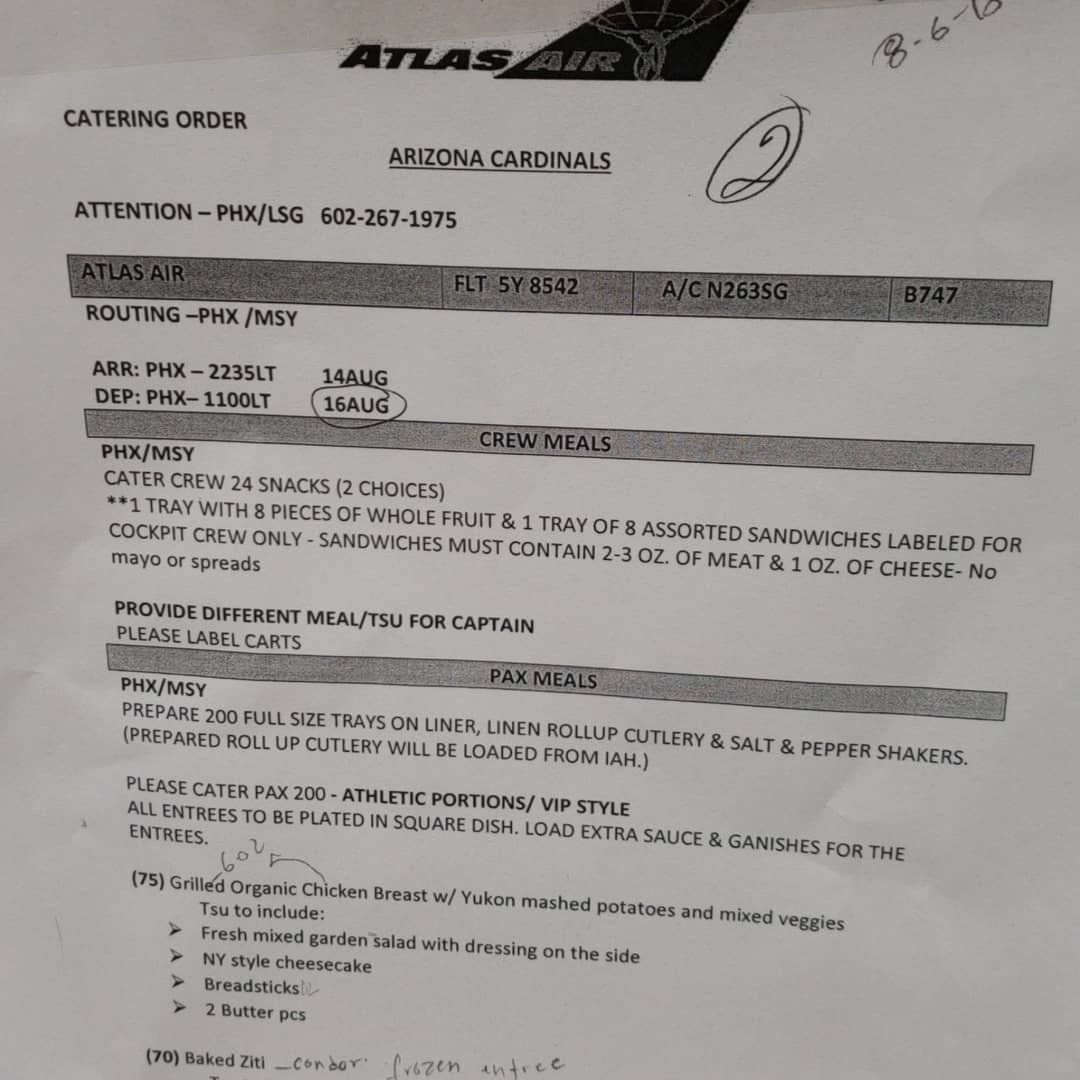 carrillo6161_m's tweet photo. The menu for our AZ Cardinals flights. The perks of delivering to the airport https://t.co/81G0iLRZk0