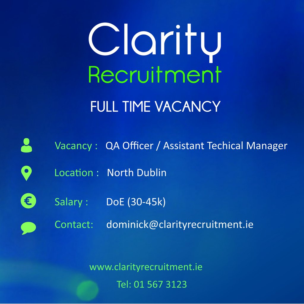 clarityrecruit's tweet photo. Looking to speak with QA professionals in the Food Production industry around an exciting new opportunity for a QA Officer / Assistant Technical Manager.

1-5 years post graduation experience is ideal. https://t.co/BPoHzg83so