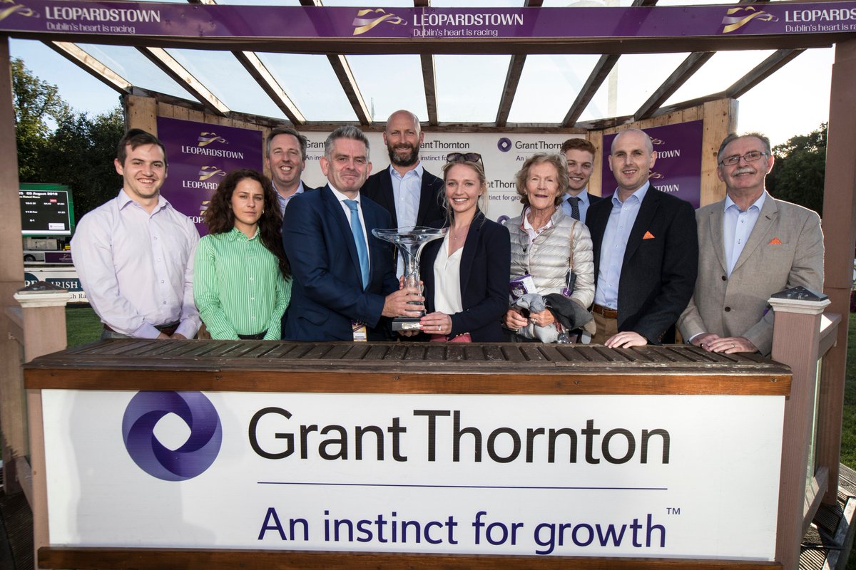 GrantThorntonIE's tweet photo. Our Partner Jim Mulqueen presents the winner of the Grant Thornton rated race "Ice cold in Alex" with the prize trophy. Congratulations! https://t.co/OFwZw3ppnK