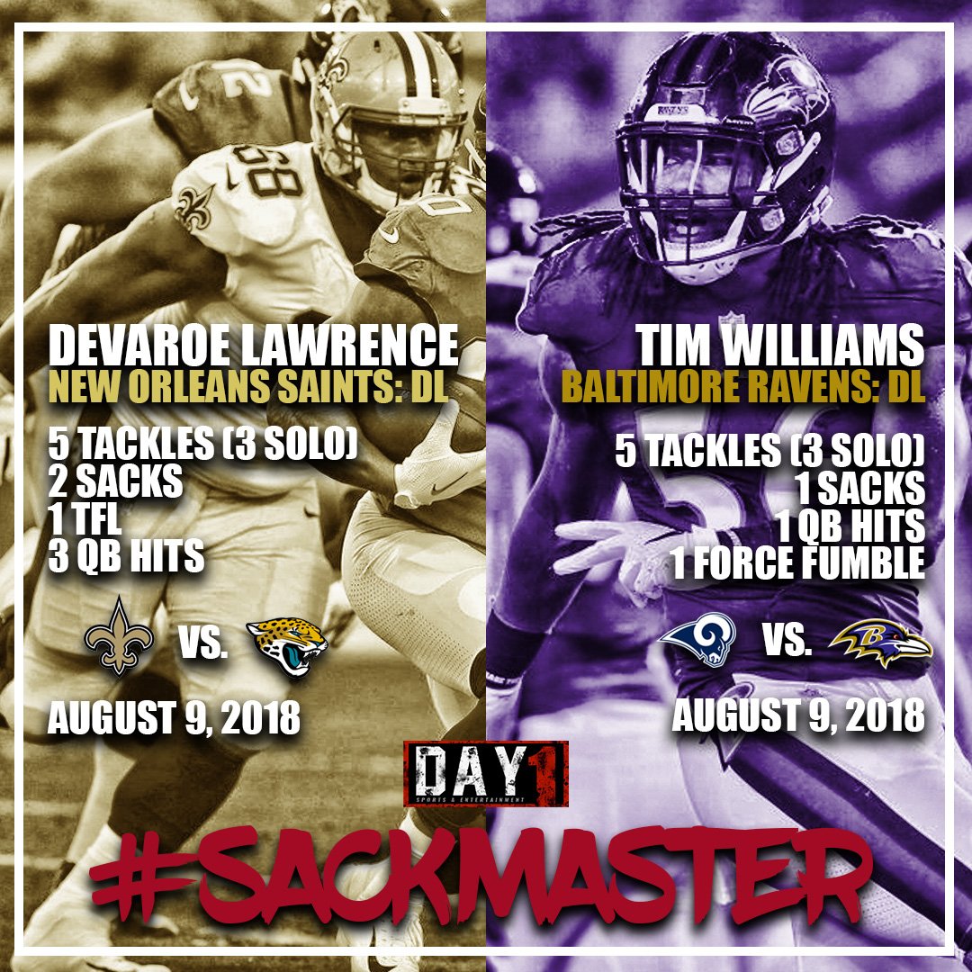 Day1SportsEnt's tweet photo. #ICYMI - @Day1SportsEnt clients #DevaroeLawrence of the @Saints & @JaYbOi225 #TimWilliams of the @Ravens had themselves a game in week 1 of #NFLPreseason ... #NFL #NFLPreseason #Preseason1 #NOvsJAX #NewOrleans #NOSaints #LARvsBAL #RavensFlock #DownWithDay1 #SackMaster https://t.co/CSOYgpv0xX