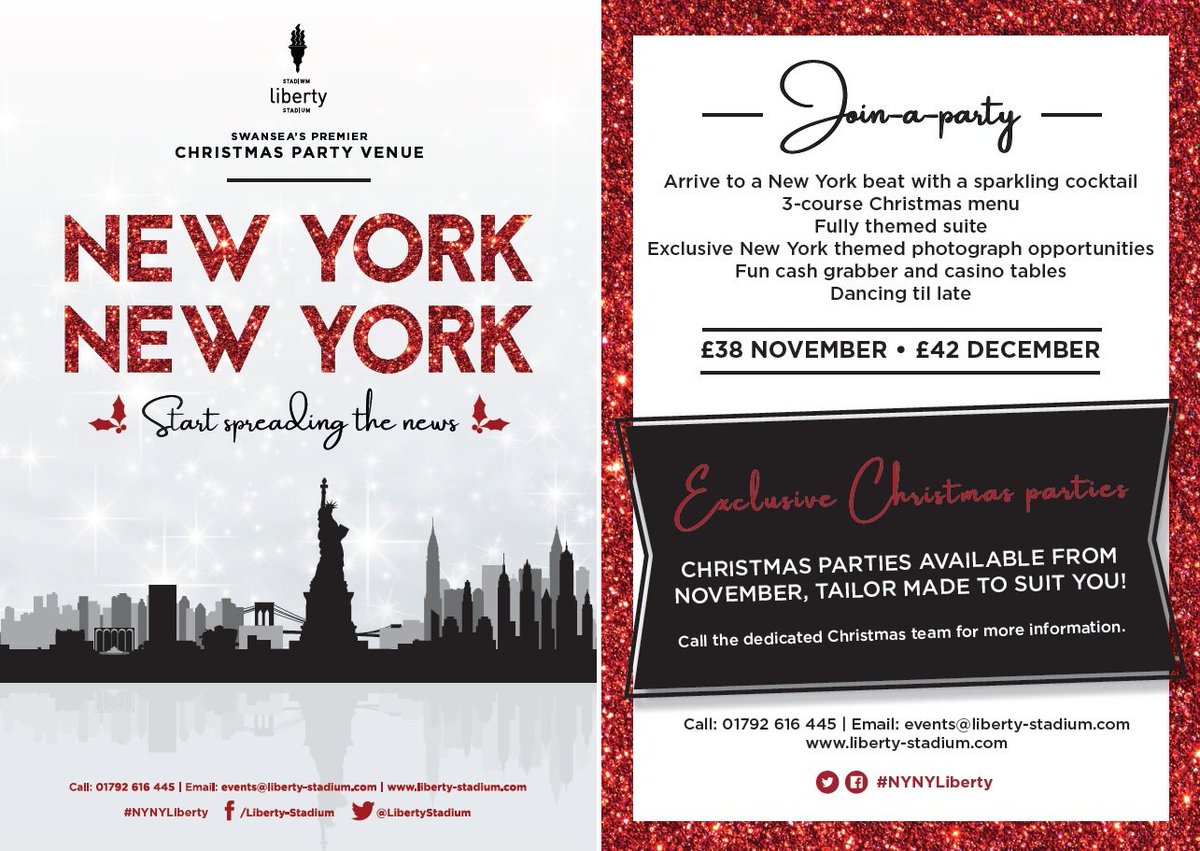 Start spreading the news..... Celebrate in style this year, make  Christmas 2018 one to remember!  #NYNYliberty #stadiumthatdoesntsleep call our Christmas aficionado's on 01792 616449