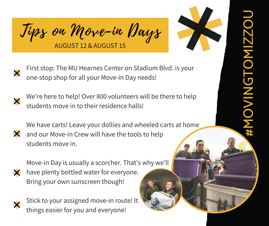 Tips on Move-In Days - The first stop is at the MU Hearnes Center on Stadium Blvd. 800 volunteers will help!