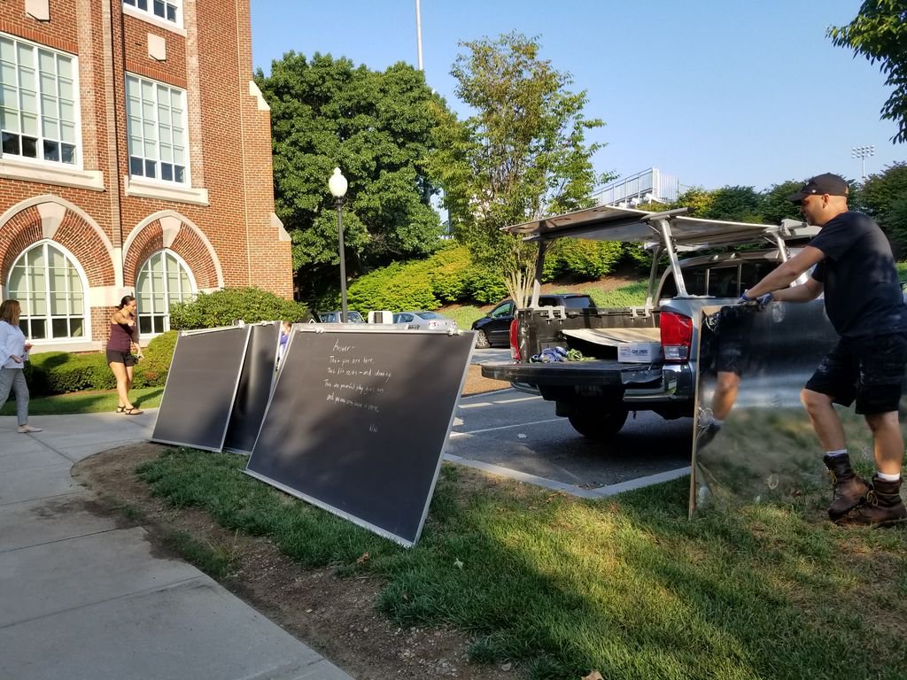 ProvidenceCol's tweet photo. When news broke of the fire at @MeadowbrookWald earlier this week, Gina DeBernardo '93 felt compelled to act. The @providencecol employee arranged for the College to donate four surplus blackboards to the school. They went out for delivery this morning. #gofriars #pcserves https://t.co/GG5yhz1mDP