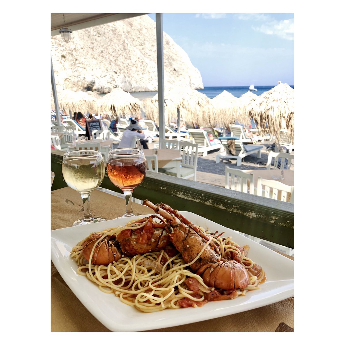 RaphRoad's tweet image. Lobster pasta and wines. #WhenInSantorini