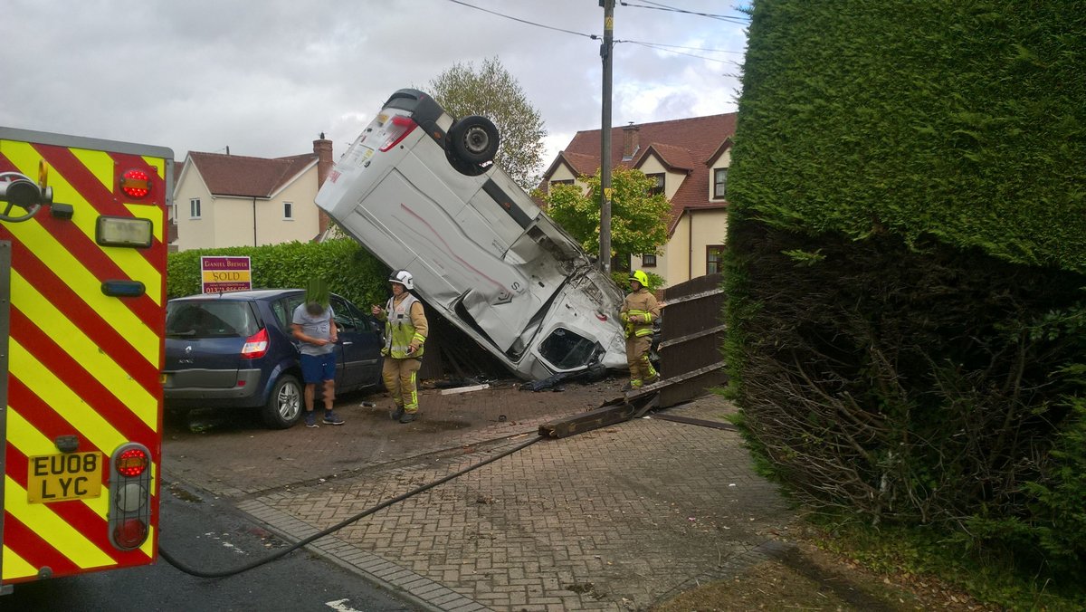 ECFRS's tweet photo. Firefighters have just helped at the scene of a road traffic collision involving a car and van in #AythorpeRoding. The driver of the van was left in the care of the @EastEnglandAmb. #notjustfires https://t.co/9Xr9KMIWFz