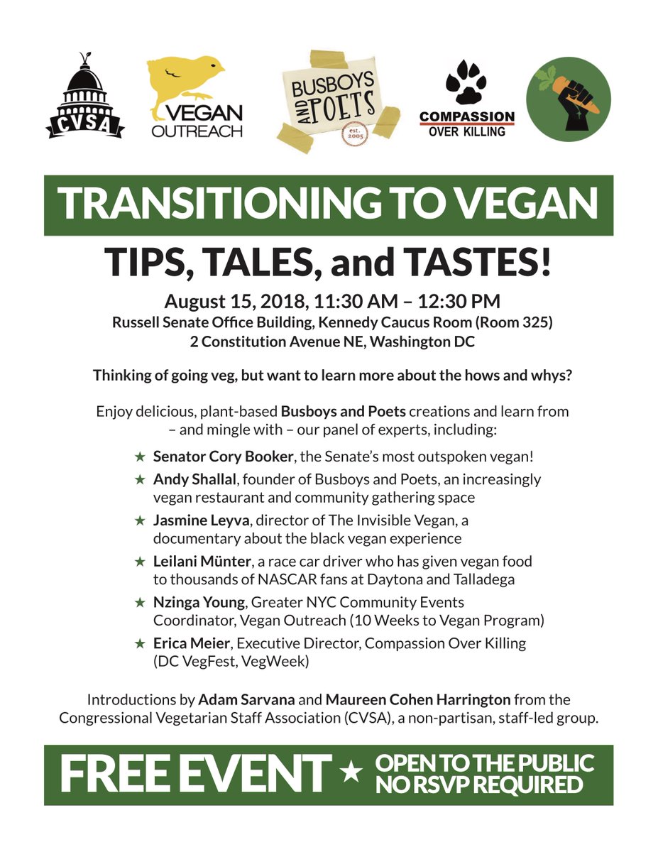 busboysandpoets's tweet image. Join our founder, @andyshallal, Senator @CoryBooker, and other #vegan advocates at "Transitioning to Vegan" on Capitol Hill! Taste delicious vegan food when you hear from the featured speakers. FREE and open to the public!
