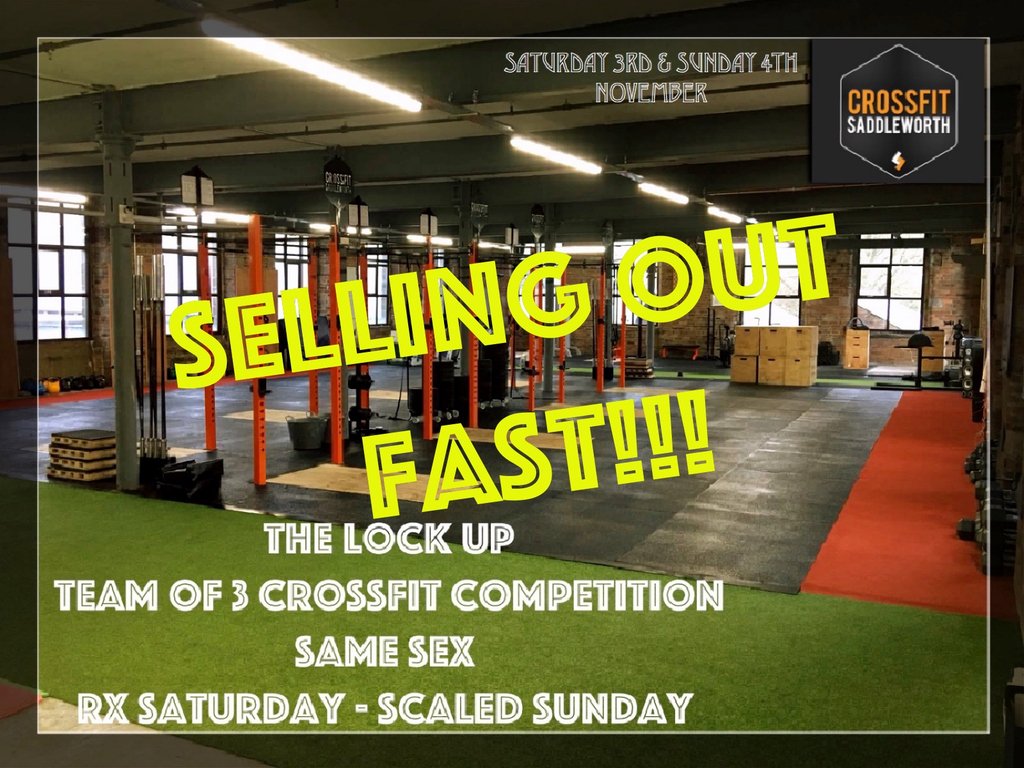 Thank you to everybody for your interest in the Lock Up team competition and even more so to those that have purchased a ticket
TICKETS ARE SELLING FAST! 
Sign up soon to avoid dissapointment 

#crossfit #crossfitcompetiton #teamof3 #competiton #saddleworth #crossfitsaddleworth