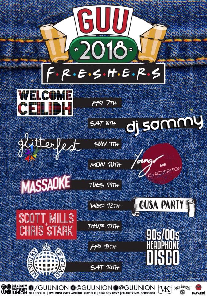 GUUnion's tweet image. We’re absolutely thrilled to present our Freshers&apos; Week 2018 line up!

Eight nights of incredible and varied acts, and our daytime events will be announced soon

We can’t wait to welcome everyone through our doors!

#wehavemorefun #UofGFW18

Graphic: Anna Rob