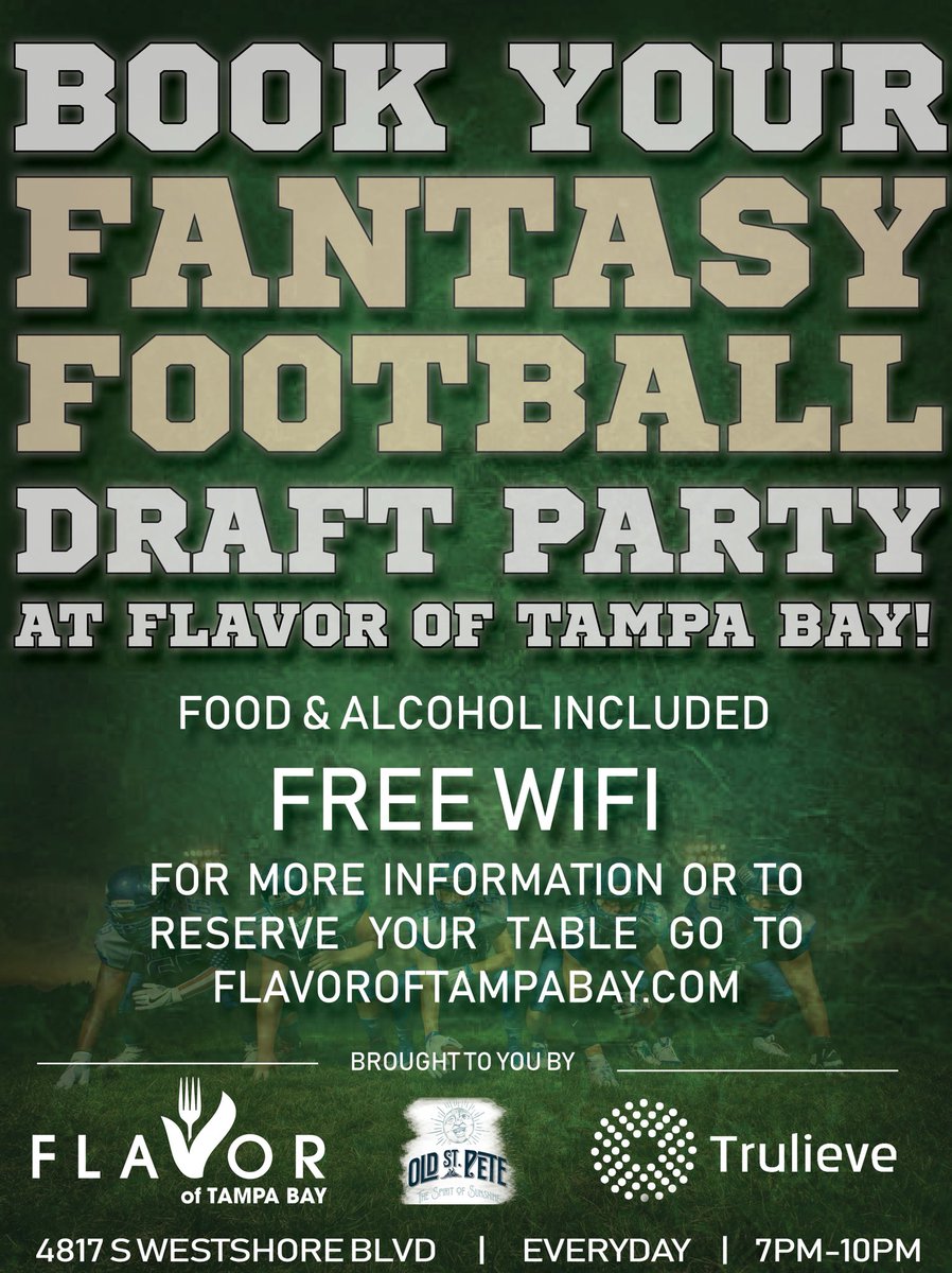 Book your <a href="/NFL/">NFL</a> Fantasy Draft at the new <a href="/FlavorofTB/">Flavor of Tampa Bay</a> Venue on Westshore and Gandy today. Food and <a href="/stpetedistiller/">St. Pete Distillery</a> included. Go to flavoroftampabay.com for more info. #GoBucs #FantasyFootball