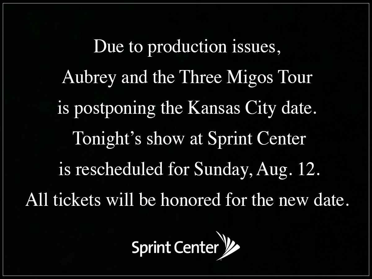 tmobilecenter's tweet photo. DRAKE TOUR UPDATE - Aubrey and the Three Migos Tour at #SprintCenter moved to Aug. 12th. More info: https://t.co/Ww9aEksplv https://t.co/E3Dj6bOk5e