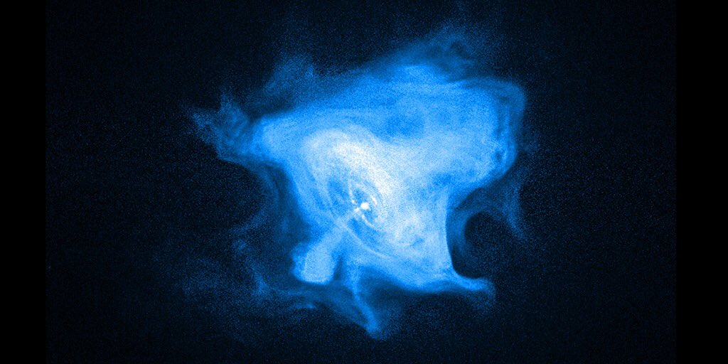 chandraxray's tweet photo. The Crab Nebula is powered by a pulsar that formed when a star ran out of its nuclear fuel and collapsed! An intense electromagnetic field creates jets of matter & anti-matter moving away from the poles, and an intense wind flowing out in the equatorial direction. #PulsarWeek https://t.co/SrdoY4VpiX