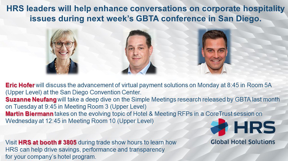 BrophNotes's tweet image. Looking forward to plenty of industry engagement in California next week. Quality education sessions and the new HRS #HotelRateFilter featured at @HRS_NAM booth # 3508. See you in San Diego!
#GBTA2018 #BusinessTravel #CorporateTravel  #Hotel #TravelProcurement