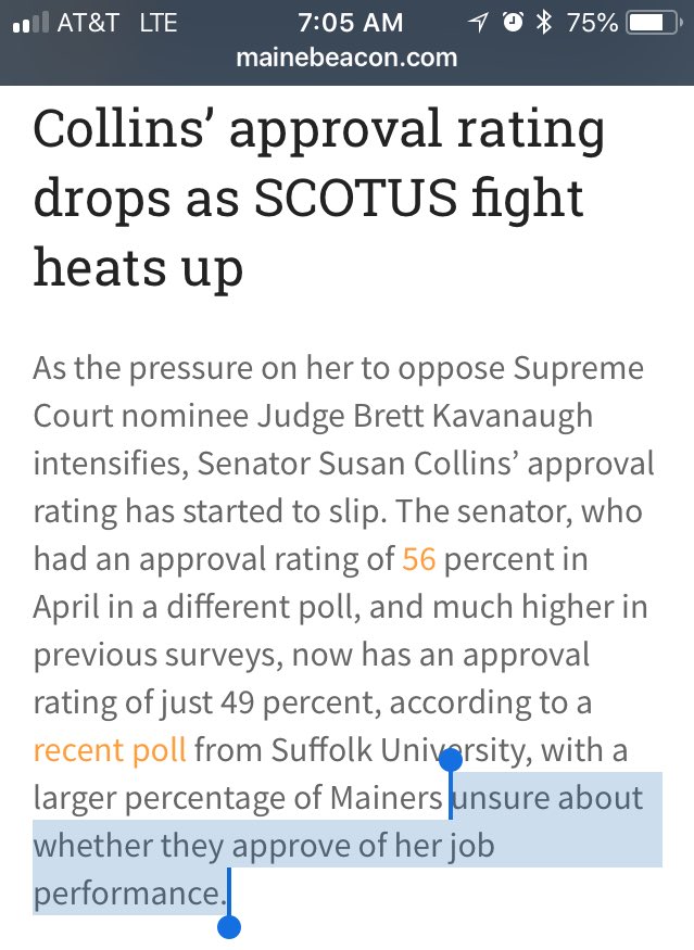 pj_maine's tweet photo. As @SenatorCollins’ “What, me worry?” routine on Kavanaugh wears on, more and more Mainers are wondering if she’s really the champion of choice she’s made herself out to be.

Only hope of her opposing K is if she feels that reputation is truly at risk. Keep calling! #mepolitics https://t.co/xKwyja80AY