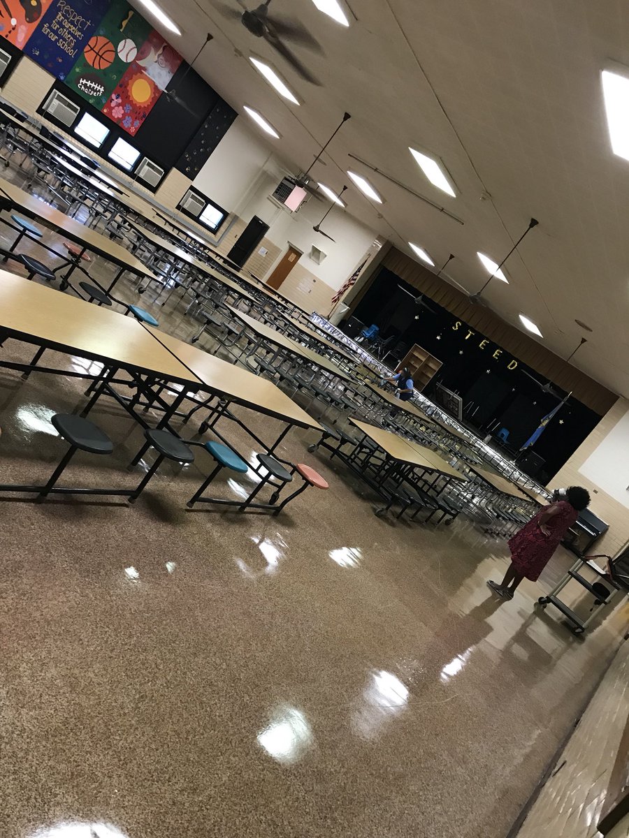 mrhowardokc's tweet photo. Principal Tucker & Ms. Delia our custodian getting the Caft ready to welcome our students back. Canβt wait to see your smiling faces πππ Every day counts...Day 1, Aug 17 #SteedElem #ChargeUsUp #ToPlayTheGameToWin #18-19 #LetsGo #75thYear #MidDelPurpose @middelnews https://t.co/dKjnCFwbHr