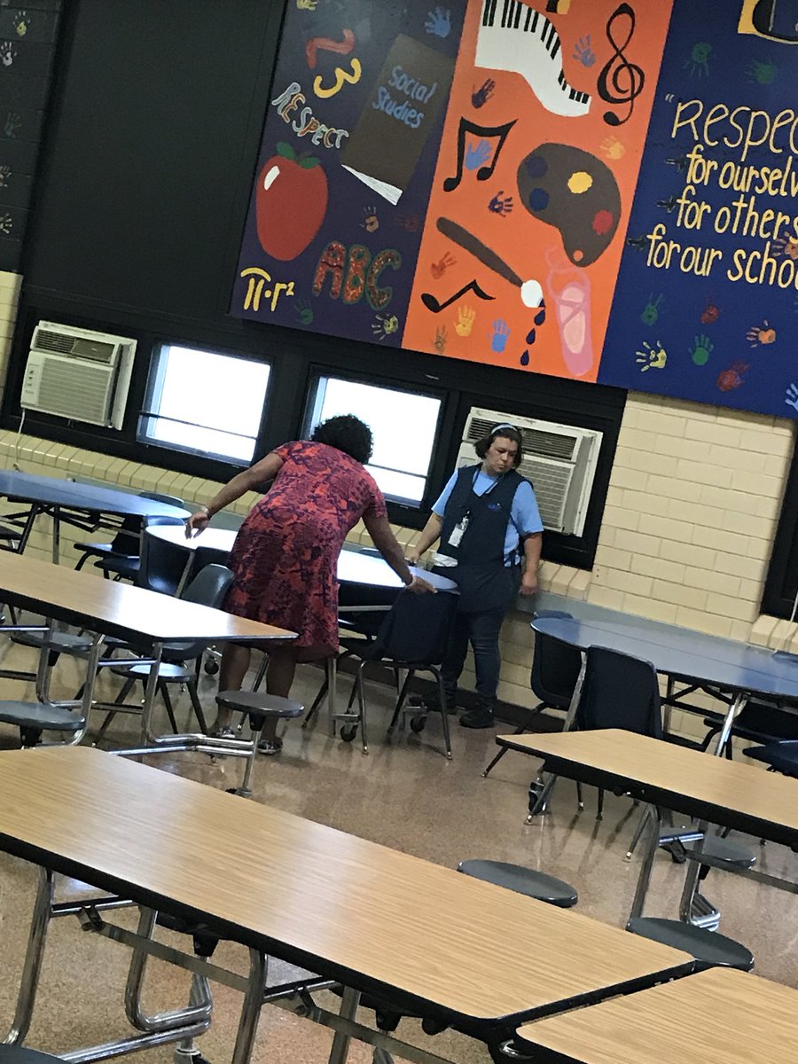 mrhowardokc's tweet photo. Principal Tucker & Ms. Delia our custodian getting the Caft ready to welcome our students back. Canβt wait to see your smiling faces πππ Every day counts...Day 1, Aug 17 #SteedElem #ChargeUsUp #ToPlayTheGameToWin #18-19 #LetsGo #75thYear #MidDelPurpose @middelnews https://t.co/dKjnCFwbHr