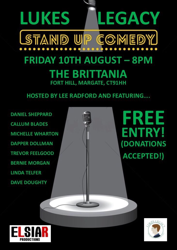 LukesLegacy_'s tweet photo. ⭐️ TONIGHT ⭐️

kick off your weekend with great night of comedy at the Britannia Pub,Margate. 

FREE ENTRY - The show starts at 8pm and features a variety of talented up and coming comedians,so please come and join us! 

Donations to the Luke’s legacy welcomed. 💚 https://t.co/qKvKH0sawQ
