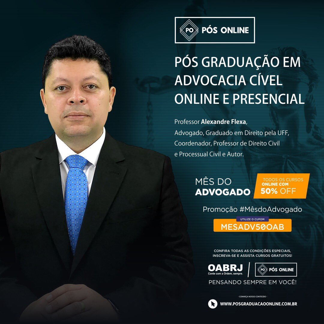 AlexandreFlexa's tweet photo. Aproveitem a promoção de 50% de desconto no mês do advogado. 
Pós-graduação em Advocacia Cível da UNIVERSIDADE CÂNDIDO MENDES
Eu coordeno e ministro as aulas de processo civil. E ainda há módulos de obrigações e contratos, consumidor e marketing Juridico

https://t.co/Fg0jilWwwq https://t.co/M2TX3Be3kK