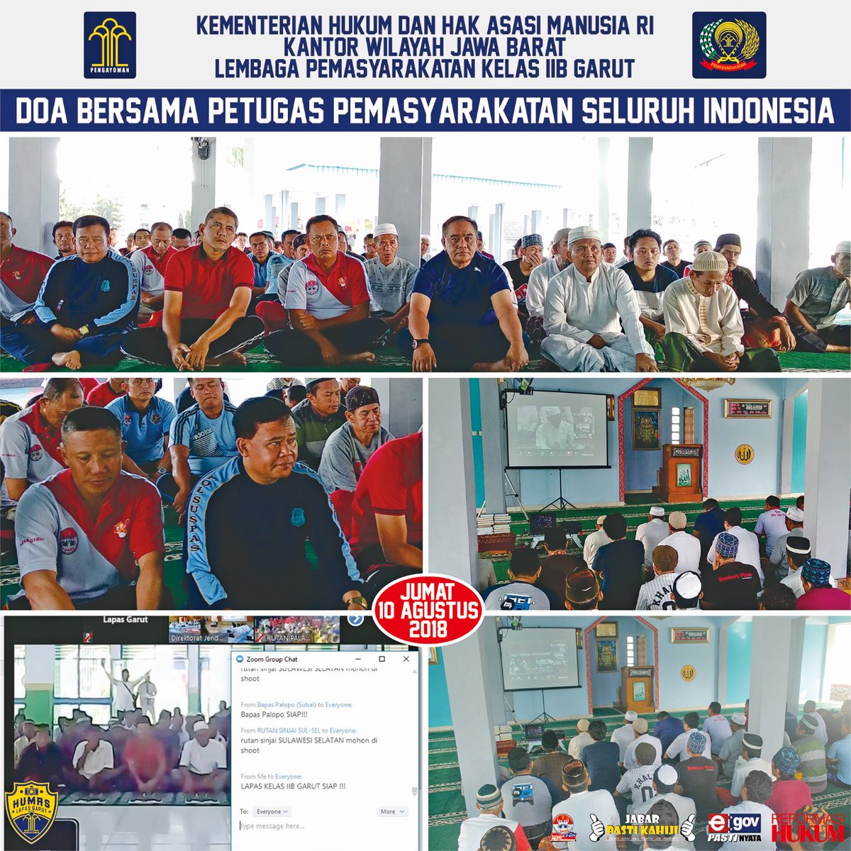Damai Indonesia Negeriku~
Hari ini Staff dan Warga Binaan @Lapas_Garut melakukan DOA bersama yang acaranya dipusatkan pada kantor Direktorat Jenderal Pemasyarakatan Di Jakarta, bersama ust. Arifin Ilham
@marifinilham
@DITJEN_PAS
@HMKanwilJabar
#prayforindonesia #PrayForLombok