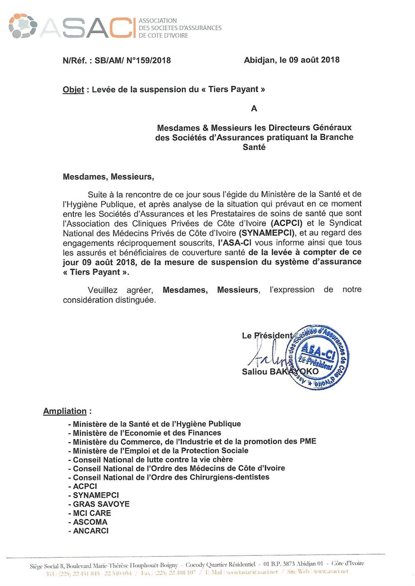 Gouvciofficiel's tweet photo. [#Communiqué]🔊

#Couverture_santé : La mesure de suspension du ‘’Tiers-Payant’’ levée

Voir  la note officielle de l’Association des sociétés d’assurances de Côte d’Ivoire (#ASACI) ici 👇👇
#gouvci  #Santé #Civ225 🇨🇮 https://t.co/zb4lybaLC2
