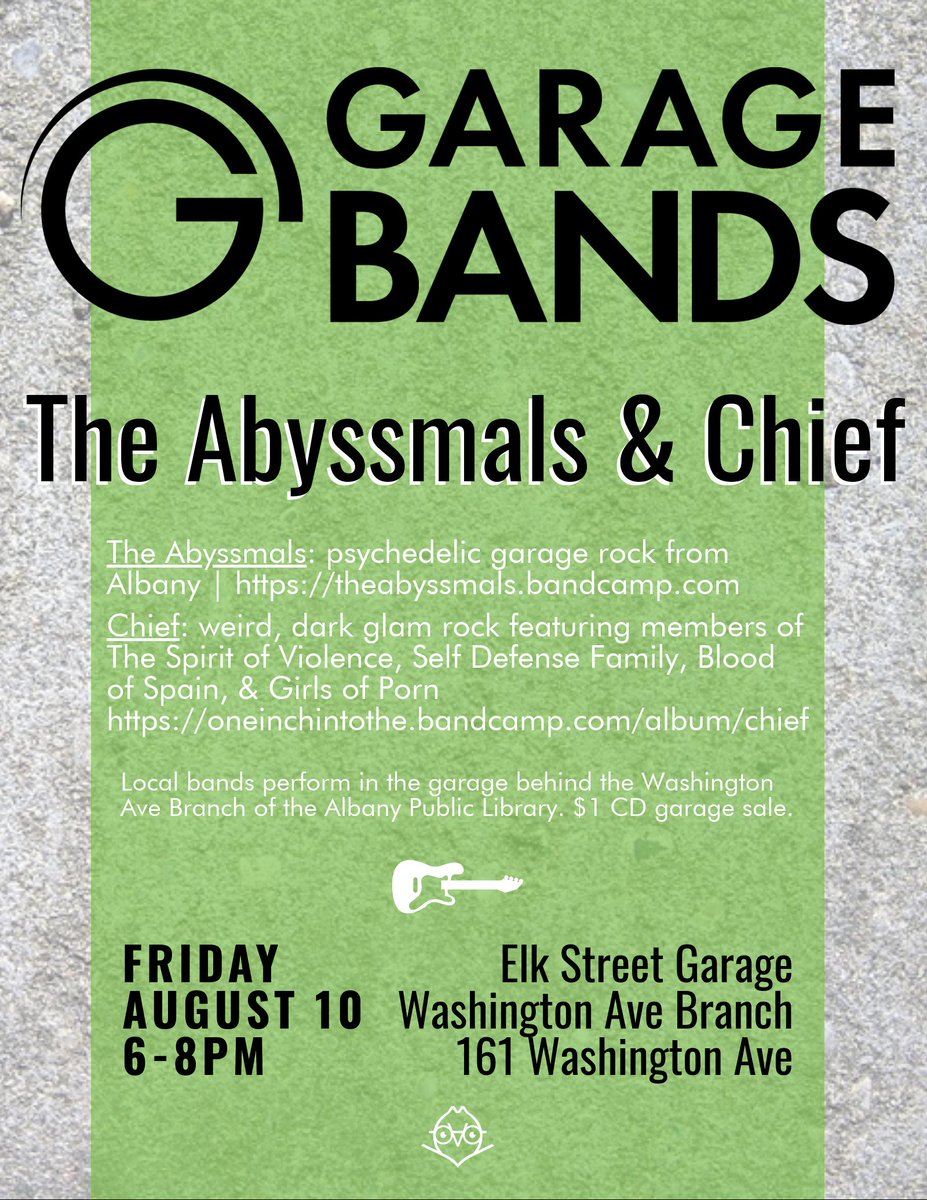 AlbanyNYLibrary's tweet photo. TONIGHT! Garage Bands with The Abyssmals and Chief. Join us for this free, all-ages concert from 6 - 8pm in the Elk St garage of our Washington Ave branch! π€π€ #rockon #loudatthelibrary #garagebands https://t.co/wcBPgMtpIk