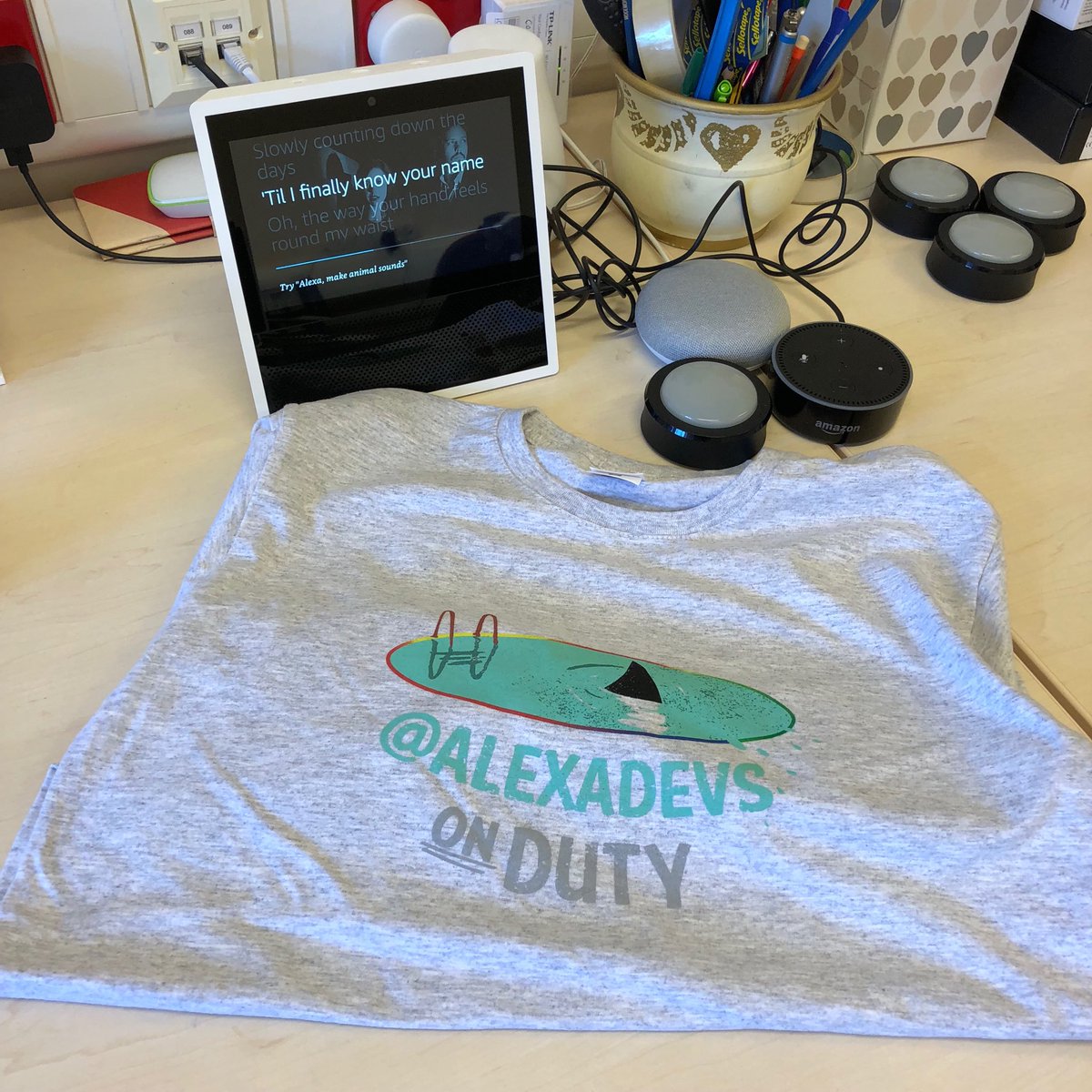 beekalabs's tweet photo. Thanks to ⁦@alexadevs⁩ for the T-shirt! #Alexa #swag https://t.co/B751g8ol1X