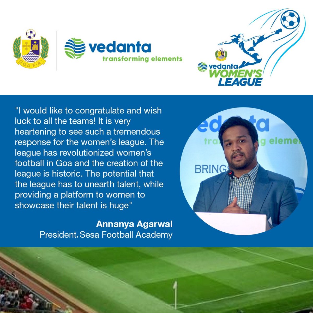 SesaFootball's tweet photo. The second edition of #VedantaWomensFootballLeague promises to empower women via the celebrated game of #football! Find out what Mr. @agarwal_annanya, SFA President has to say on this celebrated occasion. #VedantaFootball #LetsLiveFootball. https://t.co/h1kkcpQ0cj