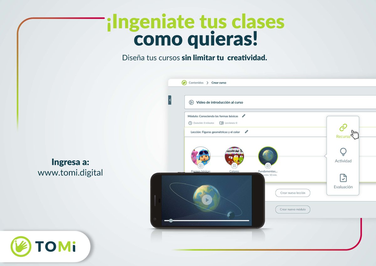 ¡Ingeniate tus clases como quieras!
Diseña tus cursos sin limitar tu  creatividad. Crea lecciones, incluye módulos y elige actividades de práctica para tus estudiantes.
Te esperamos en tomi.digital
